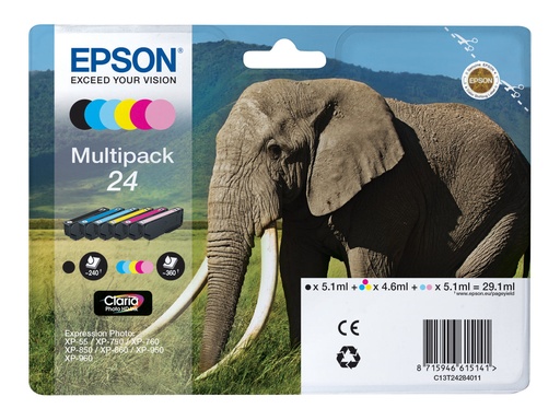 [EPST242840] EPSON Multipack Eléphant 24 Claria Photo HD N,C,M,J,Cc,Mc 29,1ml