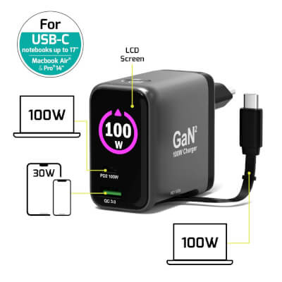 [P902100L] Alim USB A&C GaN2 PD3.0 100W LCD Retract C